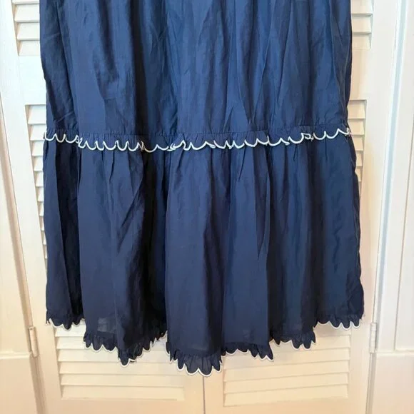 Ann Taylor Smocked Scalloped Tiered Maxi Dress XL navy blue white ruffle - Picture 3 of 10